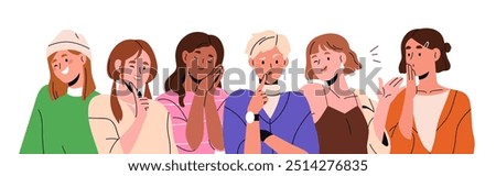 Women group, expressing different emotions, moods. Happy, surprised, smiling, puzzled face expressions. Young females, girls, diverse reactions. Flat vector illustration isolated on white background