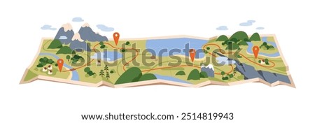 Trip route on paper map. Travel road, journey path, hiking trekking way with pin pointers, nature positions, locations, place of destinations. Flat vector illustration isolated on white background