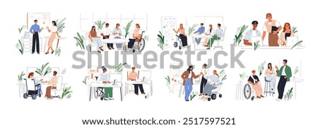 Inclusive office, work environment. Employee, person with disability in business team. Worker in wheelchair at workplace. Inclusion concept. Flat vector illustration isolated on white background