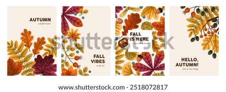 Autumn, greeting card design, natural leaf and foliage background. Seasonal posters set, postcard templates with fall leaves pattern. Vertical autumnal postcards. Botanical flat vector illustrations