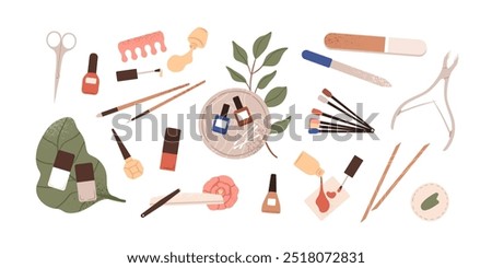 Manicure accessories set. Nail art and care tools. Professional beauty instruments, file, scissors, clipper, cuticle nipper, varnish gel. Flat vector illustrations isolated on white background