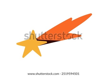 Shooting star with glowing trail, wish and dream symbol. Bright celestial cosmic object in motion, light blaze streak. Falling comet in flight. Flat vector illustration isolated on white background