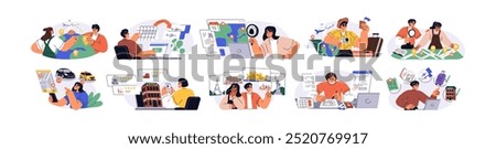 Travel plan, trip itinerary, tourism concept set. Vacation tour preparation, organization. Tourists booking hotel, buying ticket, searching route. Flat vector illustration isolated on white background