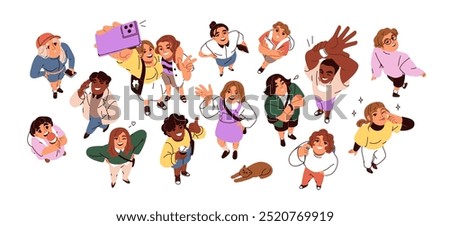 Top down view, happy people looking up. Characters heads, faces from above, overhead. Smiling men, women, friends, kid standing, watching. Flat vector illustrations set isolated on white background