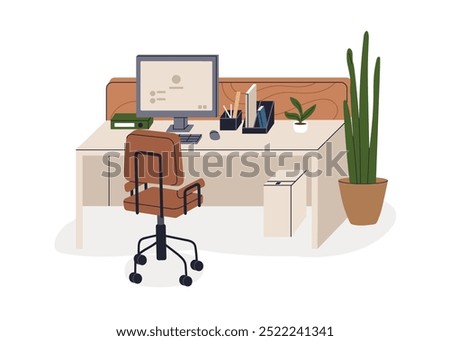 Office desk with desktop computer and vacant empty chair. Free unoccupied workplace, workspace. Business work place furniture, table and seat. Flat vector illustration isolated on white background