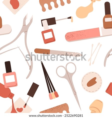 Manicure, nail art tools, seamless pattern. Endless background, fingernail polish, varnish, file, scissors. Beauty salon accessories, repeating print for wrapping design. Flat vector illustration