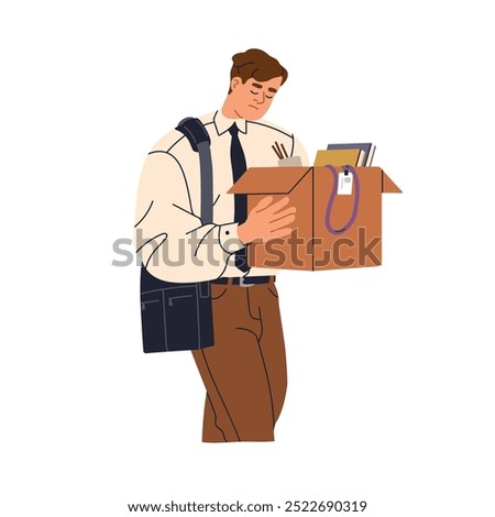 Fired dismissed sad office worker leaving with box after job loss. Man employee quitting. Unemployed jobless person. Layoff, dismissal concept. Flat vector illustration isolated on white background