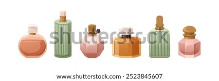 Perfume bottles with fragrant aroma, scented toilet water set. Eau de toilette, cosmetic products. Fragrance, perfumery in flasks, vials. Flat graphic vector illustration isolated on white background