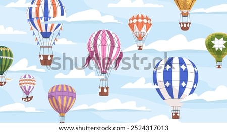 Hot air balloons flying high in sky. Aerial adventure, travel with many colorful airballoons, aerostats floating, soaring among clouds during summer show, festival event. Flat vector illustration