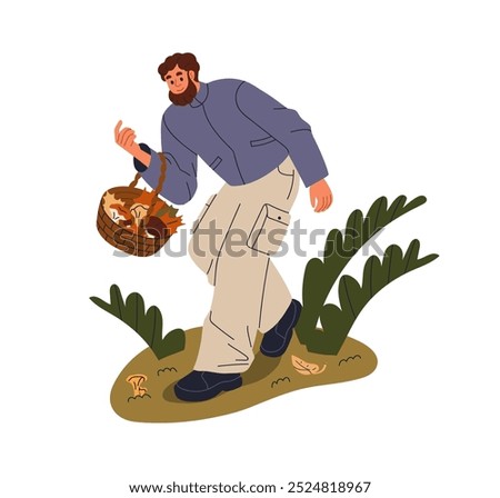 Mushroom picker searching for fungi in autumn forest. Man walking, foraging, enjoying fall nature. Mushroomer gathering, collecting fungus. Flat vector illustration isolated on white background