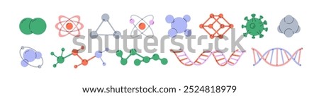 Science elements set. Scientific particles and molecular structures, atoms, molecules and DNA strands. Chemistry, physics and biology models. Flat vector illustrations isolated on white background