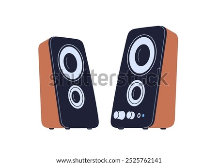 Column loud speakers, audio stereo music system. Professional electronic loudspeakers, music concert equipment with amplifier and subwoofer. Flat vector illustration isolated on white background