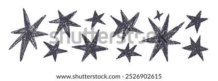 Stars set, crayon and chalk textured doodles. Simple pencil scribbled drawings, sparkles with oil pastel wax strokes in kids style. Hand-drawn vector illustration isolated on white background