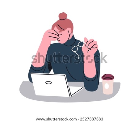 Tired overworked employee at desk, taking off glasses. Fatigue exhausted office worker with headache and aching eyes at laptop computer at work. Flat vector illustration isolated on white background