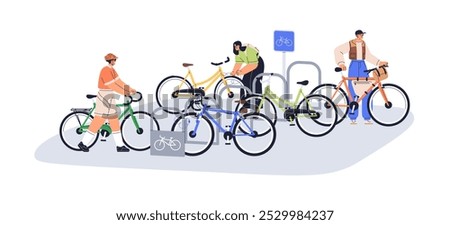 Bicycle parking lots in city. Cyclists locking bikes, eco transport station, area for storing. People and sustainable cycling vehicles outdoors. Flat vector illustration isolated on white background