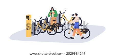 Bike sharing service station in city. People cyclists renting bicycles. Rental eco-friendly urban transport, parking area with docked cycles. Flat vector illustration isolated on white background