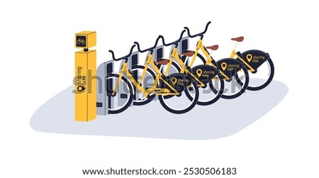 Bicycle rental sharing station. Eco-friendly city transport, bike rent service with docked cycles on parking area, place for public use. Flat vector illustration isolated on white background