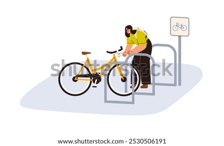 Bike parking lot, rack station in urban area. Cyclist locking bicycle outdoors for security, eco-friendly city transport. Safety cycle storage. Flat vector illustration isolated on white background