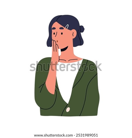 Surprised shocked woman with hand at mouth. Amazed astonished face expression, reaction to unexpected. Amazement and astonishment emotion. Flat vector illustration isolated on white background