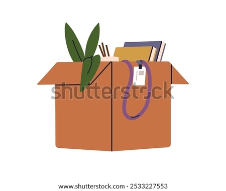 Cardboard box with office stuff, personal belongings. Work items packed for job change, moving. Carton package with plant, books, name badge. Flat vector illustration isolated on white background