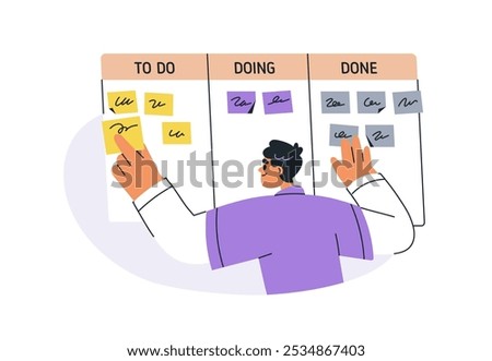 Task management with kanban planning board. Man tracking, controlling completion progress with notes. Work organization, productivity concept. Flat vector illustration isolated on white background