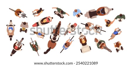 Top down view, people riding vehicles set. Men, women overhead on bicycle, kick scooter, skateboard, motorcycles, bike and horse. City transport. Flat vector illustration isolated on white background