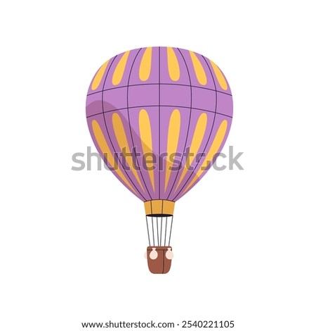 Hot air balloon flying up. Hotair baloon with basket floating. Aerostat travel, adventure. Retro transport, airship soaring. Flat graphic vector illustration isolated on white background