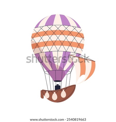 Hot air balloon with ship-shaped basket in flight. Hotair airship flying. Aerial transport, aerostat with sail, vessel, soaring. Flat graphic vector illustration isolated on white background