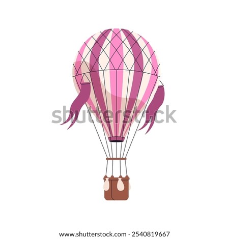 Hot air balloon, baloon flying. Hotair aerostat with basket, banners and sandbags, floating. Aerial travel, flight. Retro airship. Flat graphic vector illustration isolated on white background