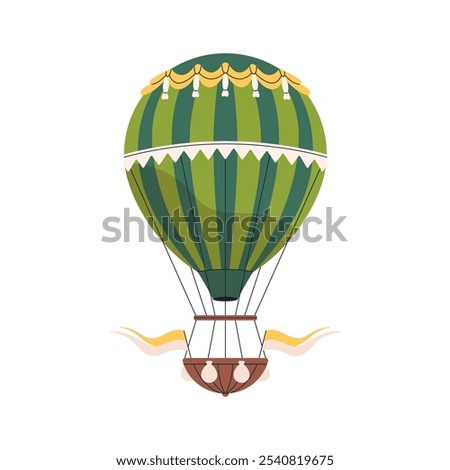 Hot air balloon, baloon. Hotair aerostat with basket, banners and bags, flying, soaring and floating. Aerial travel, flight, journey. Flat graphic vector illustration isolated on white background