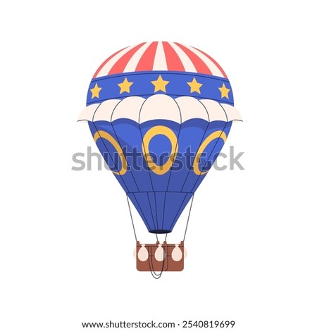 Aerostat, hot air balloon, baloon flight. Hotair gas airship with basket and bags, flying. Aerial transport travel, adventure, trip. Flat graphic vector illustration isolated on white background