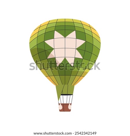 Hot air balloon flying. Aerostat travel, adventure, flight. Hotair baloon with basket floating, soaring high. Aerial transport, airship. Flat vector illustration isolated on white background