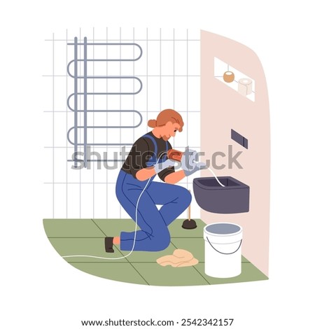 Female plumber cleaning clogged toilet. Professional woman worker, master fixing bathroom, closet drain, latrine pot. Plumbing work service. Flat vector illustration isolated on white background