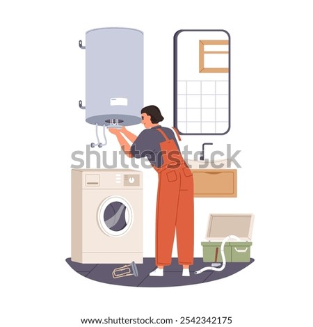 Worker repairing water heater. Heating device in washroom, professional maintenance service. Fixing, maintaining appliance in bathroom. Flat vector illustration isolated on white background