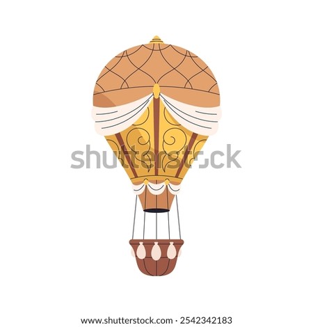 Hot air balloon in vintage style. Aerostat flying up. Hotair baloon with basket floating. Aerial travel, adventure. Retro transport, airship. Flat vector illustration isolated on white background