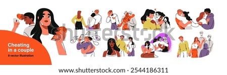 Love couples in conflict, cheating and infidelity. Intimacy, relationship problems concept. Jealousy, heartbreak, partners betrayal, distrust. Flat vector illustration set isolated on white background