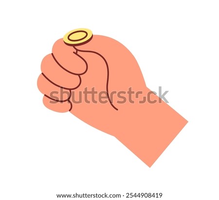 Toss-up with gold coin. Hand flipping, throwing money, holding change on thumb finger. Heads or tails game for luck, chance. Finance concept. Flat vector illustration isolated on white background.