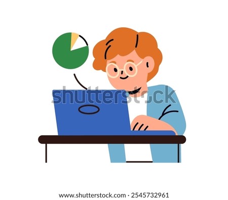 Boy student learning at laptop, data analysis, coding. School child at computer, studying programming, information technology. Online education. Flat vector illustration isolated on white background