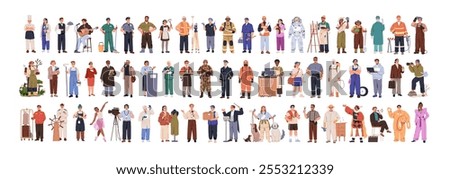 Jobs and professions set. People in uniforms, different occupation, work. Worker, doctor, chef, farmer, business man, cleaner and maid. Flat graphic vector illustrations isolated on white background