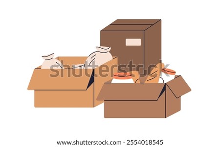 Cardboard box with groceries, food supplies. Packed carton containers for delivery and donation. Goods, items for storage and shipment. Flat graphic vector illustration isolated on white background