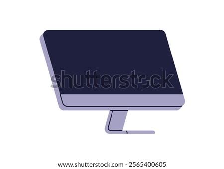 Personal computer screen, black blank empty display. Desktop PC on stand. Workplace gadget, digital electronic device, technology. Flat graphic vector illustration isolated on white background