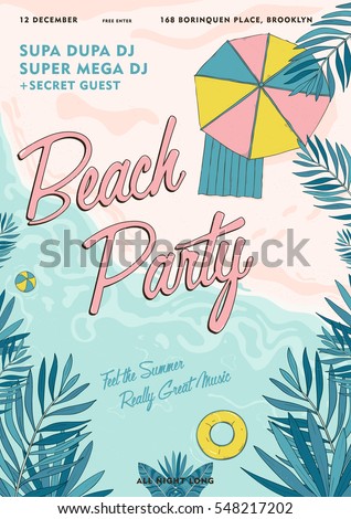 Beach party tropical poster colorful. Summer event, festival vector Illustration placard.