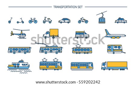 Lineart icon set with ground transport, aviation and water transportation on white background. Collection with bike, bus, trolley, subway, train, car, airplane, scooter, funicular, tram, plane, boat.
