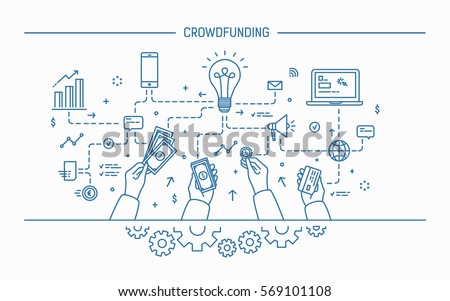 Crowdfunding. Line art flat vector illustration. 