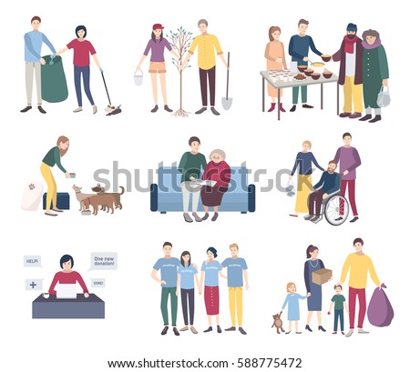 Young volunteers set. Flat vector illustration collection. Help the homeless, scavengery, helping to disabled and elderly people, animals, tree planting. Volunteering concept.