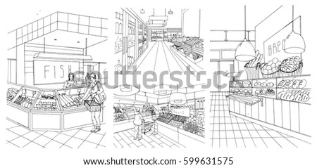Supermarket interior hand drawn contour illustrations set. Grocery store: fish, bread, fruit, vegetable departments with shoppers.