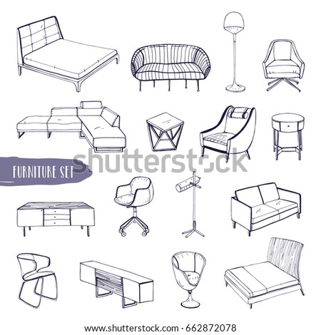 Set of various furniture. Hand drawn different types sofas, chairs and armchairs, bedside tables, beds, tables, lamps collection. Black and white vector sketch illustration.