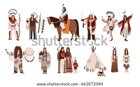Set of Indians in traditional costumes. Native american family, girl, shaman, people with a bow and arrows, peace-pipe, a spear, on a horse. Colorful vector illustration in cartoon style.