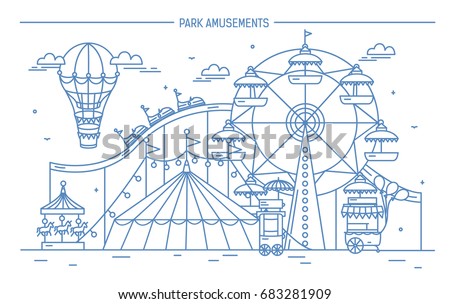 Nice horizontal banner of amusement park. Circus, ferris wheel, attractions, side view with aerostat in air. Contour line art vector illustration
