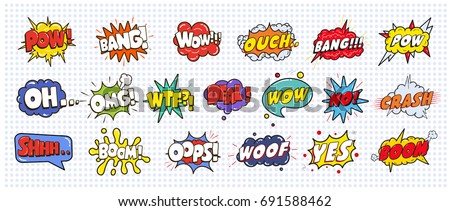 Comic sound speech effect bubbles set isolated on white background illustration. Wow, pow, bang, ouch, crash, woof, no, yes, boom, oh, omg, wtf, deal, oops inscriptions.